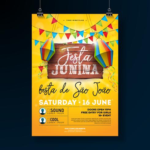 Ejemplo del aviador del partido de Festa Junina con diseño de la tipografía en el tablero de madera del vintage. Banderas y linterna de papel sobre fondo de cielo azul. Vector Brasil Junio Festival Diseño