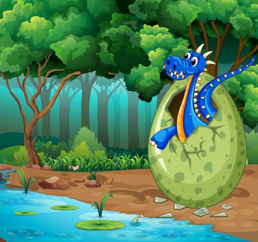 Forest scene with blue dragon hatching egg vector