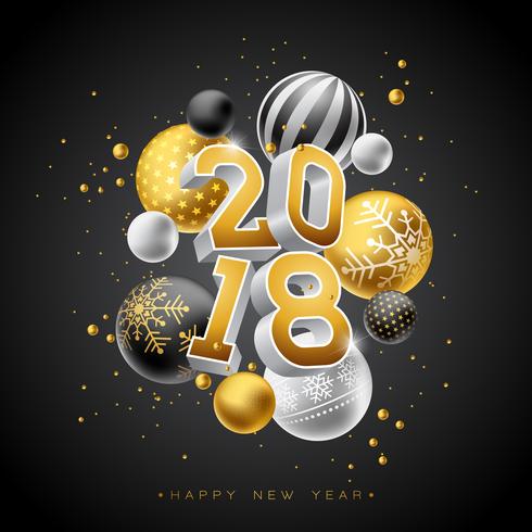 Ilustración de la Feliz Año Nuevo 2018 con número del oro 3d y bola ornamental en fondo negro. Vector de diseño de vacaciones para la tarjeta de felicitación Premium, invitación del partido o banner promocional.