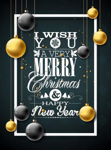 Vector Christmas illustration with typography and gold glass balls on vintage wood background. Vector holiday illustration.