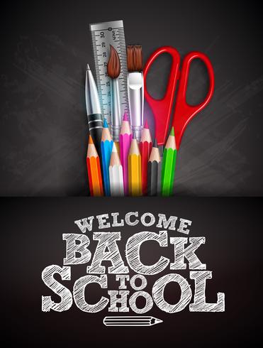 Back to school design with colorful pencil, pen and typography lettering on black chalkboard background. Vector illustration with ruler, scissors, paint brush for greeting card