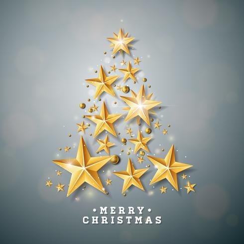 Vector Christmas and New Year illustration with Christmas Tree made of cutout paper stars on clean background. Holiday design for greeting card, poster, banner.