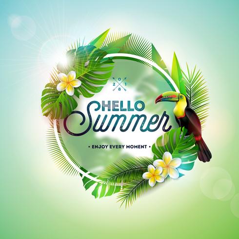 Hola ilustración de verano con pájaro tucán sobre fondo tropical. Hojas exóticas y flor con elemento de tipografía de vacaciones. Plantilla de diseño vectorial para banner vector