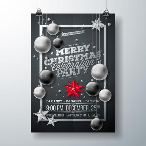 Vector el ejemplo del aviador de la fiesta de Navidad feliz con tipografía y los elementos del día de fiesta en fondo negro. Plantilla de cartel de invitación.