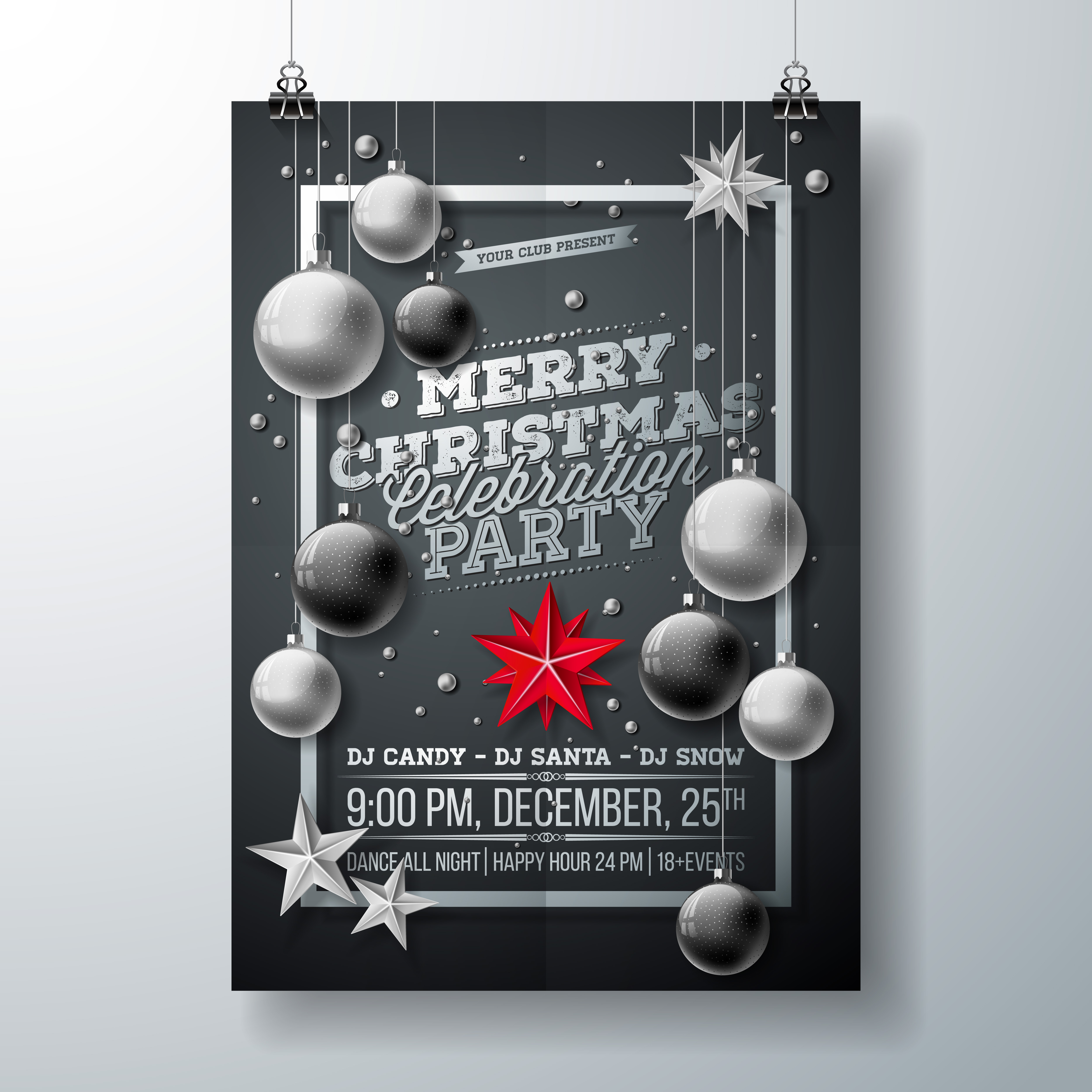 Christmas invitation templates Vector Merry Christmas Party Flyer Illustration with Typography and Holiday Elements on Black