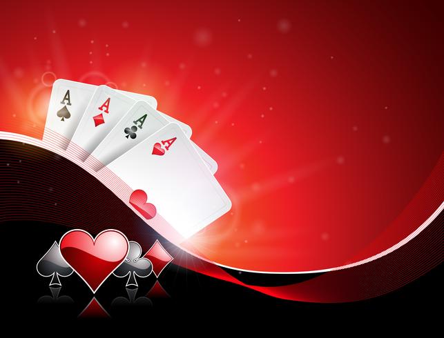 Vector illustration on a casino theme with playing suit and poker cards on red background. Gambling design for invitation or promo banner.