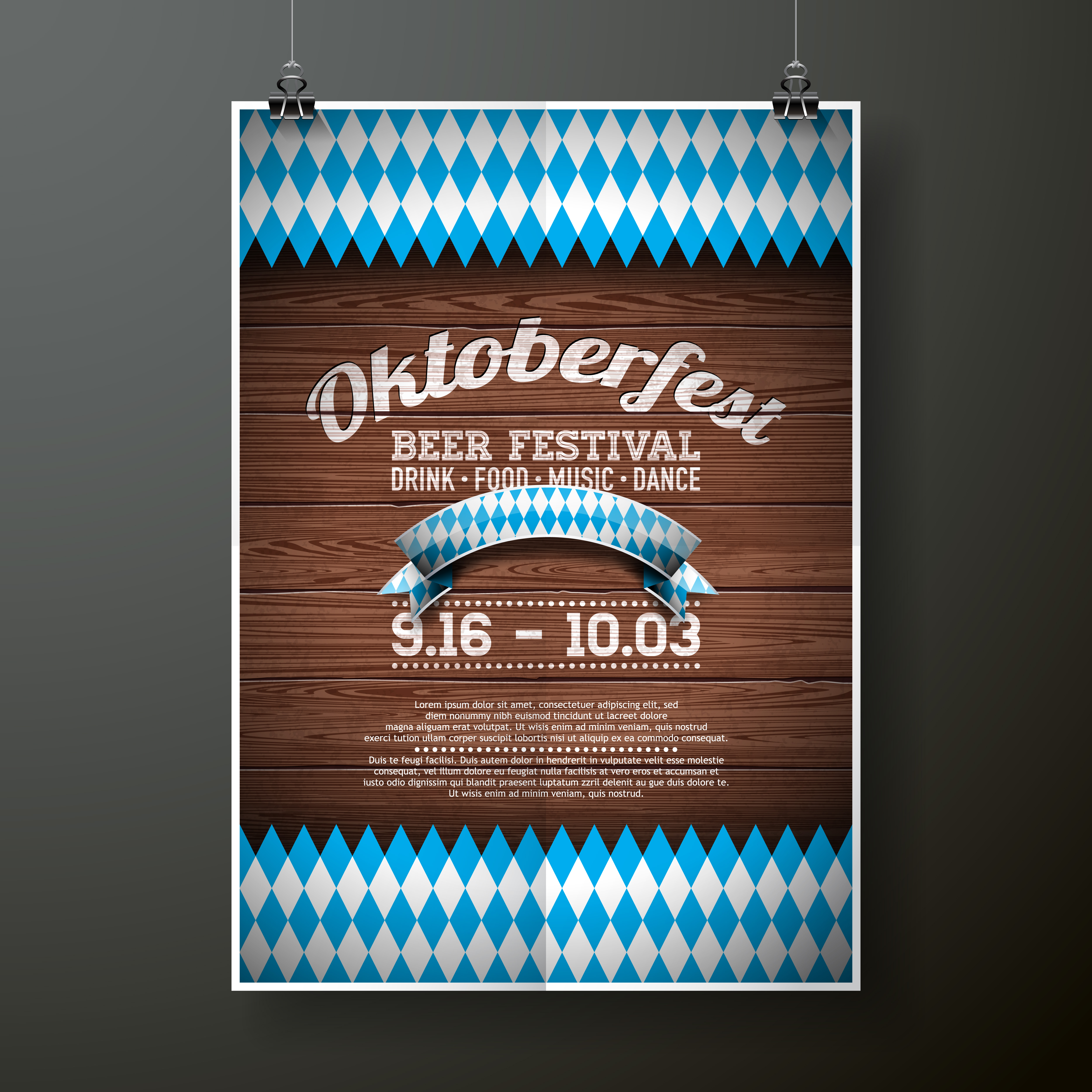 Oktoberfest poster vector illustration with flag on wood background. Celebration flyer template for traditional German beer festival. 358318 Vector Art at Vecteezy