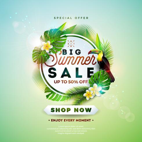 Summer Sale Design with Flower, Toucan and Exotic Leaves on Nature Green Background. Tropical Floral Vector Illustration with Special Offer Typography Elements for Coupon