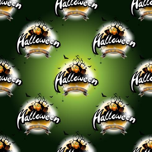 Ejemplo inconsútil del modelo del feliz Halloween con la luna y la calabaza en fondo verde oscuro. vector