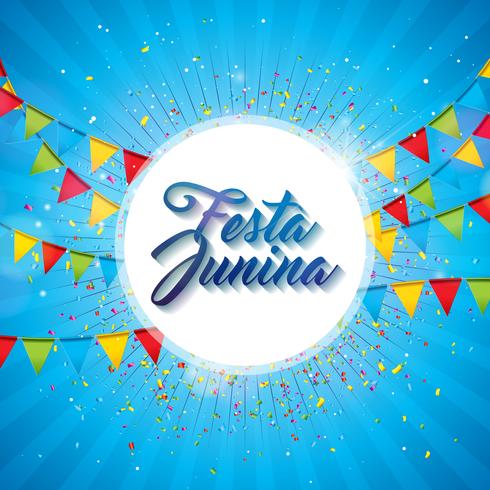 Ejemplo de Festa Junina con las banderas del partido y la linterna de papel en fondo amarillo. Vector Brasil Diseño Festival de junio para la tarjeta de felicitación, invitación o cartel de vacaciones.