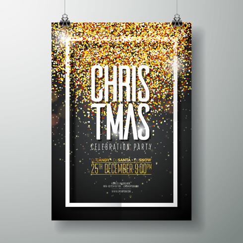 Vector Merry Christmas Party Poster Design Template with Holiday Typography Elements and Shiny Light on Dark Background.