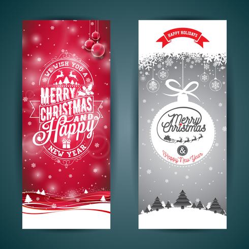 Vector el ejemplo de la tarjeta de felicitación de la Feliz Navidad y de la Feliz Año Nuevo con diseño tipográfico y los copos de nieve en fondo del paisaje del invierno.