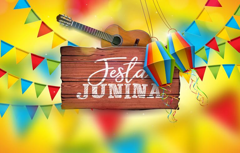 Ilustración de Festa Junina con guitarra acústica, banderas de fiesta y linterna de papel sobre fondo amarillo. Tipografía sobre tabla de madera vintage. Vector Brasil Junio Festival Diseño