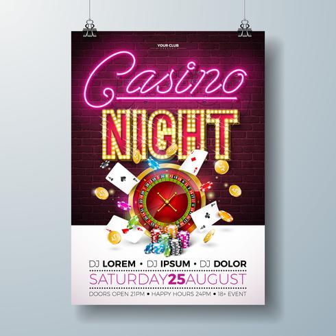 Vector Casino night flyer illustration with gambling design elements and shiny neon light lettering on brick wall background. Lighting signboard, roulette wheel