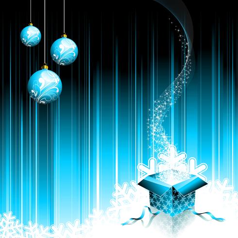 Christmas illustration with magic gift box and glass ball on blue background. vector