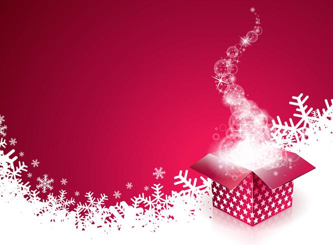 Vector Merry Christmas Holiday illustration with magic gift box and snowflakes on red background.