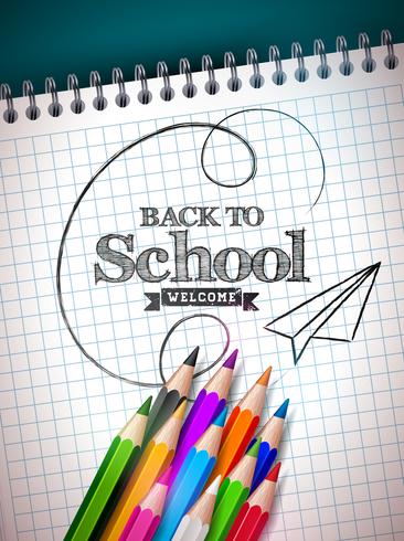 Back to school design with colorful pencil and notebook on blue background. Vector illustration with hand lettering for greeting card, banner, flyer, invitation, brochure or promotional poster.