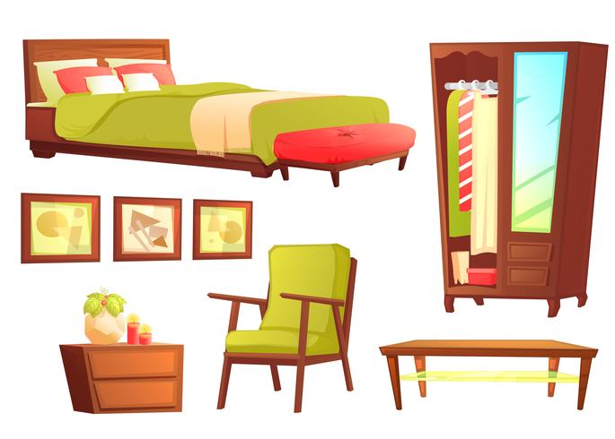 Living Or Bedroom Object Set With Leather Sofa And Wooden