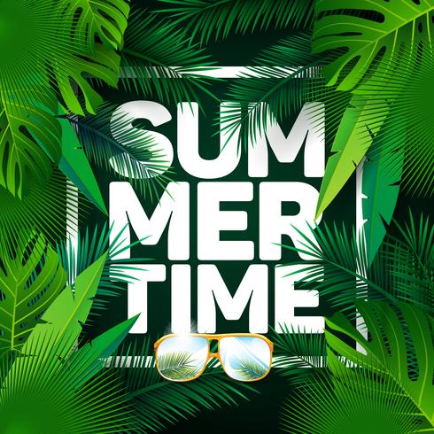 Vector Summer Time Holiday typographic illustration on palm leaves background.