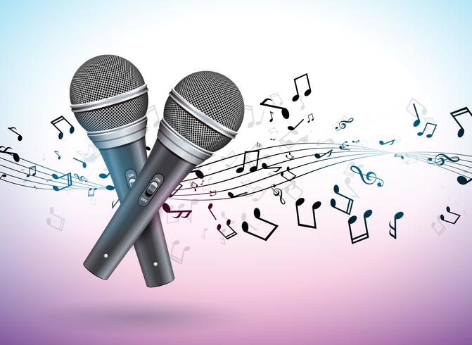 Vector Banner illustration on a Musical theme with microphones and falling notes on violet background. Design template for banner, poster or greeting card.