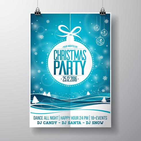 Vector Merry Christmas Party design with holiday typography elements and glass balls on winter landscape background.