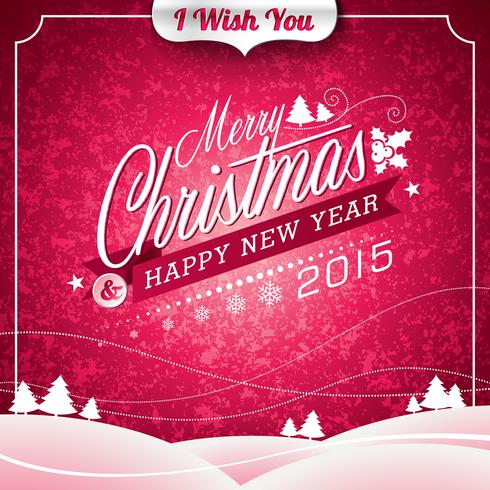 Vector Christmas illustration with typographic design on landscape background