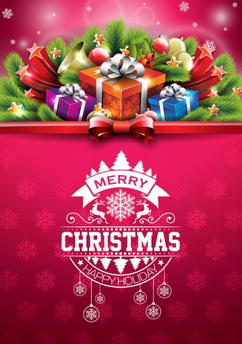 Vector el ejemplo de las buenas fiestas de la Feliz Navidad con diseño tipográfico y la caja de regalo en fondo rojo del modelo de los copos de nieve.