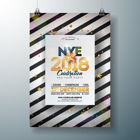 2018 New Year Party Celebration Poster Template Illustration with Shiny Gold Number on Abstract Black and White Background. Vector Holiday Premium Invitation Flyer or Promo Banner.