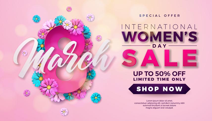 Womens Day Sale Design with Beautiful Colorful Flower on Pink Background vector