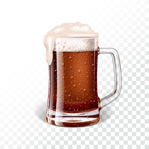 Vector illustration with fresh dark beer in a beer mug on transparent background.