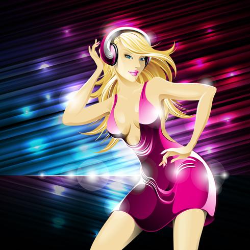 Vector party illustration about a beautiful sexy woman on a music and disco theme.