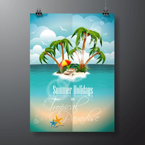 Vector Summer Holiday Flyer Design with palm trees and shipping elements 