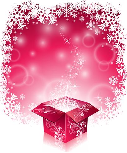 Vector Christmas illustration with typographic design and shiny magic gift box on snowflakes background.