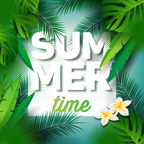 Vector Summer Time Holiday typographic illustration on palm leaves background.