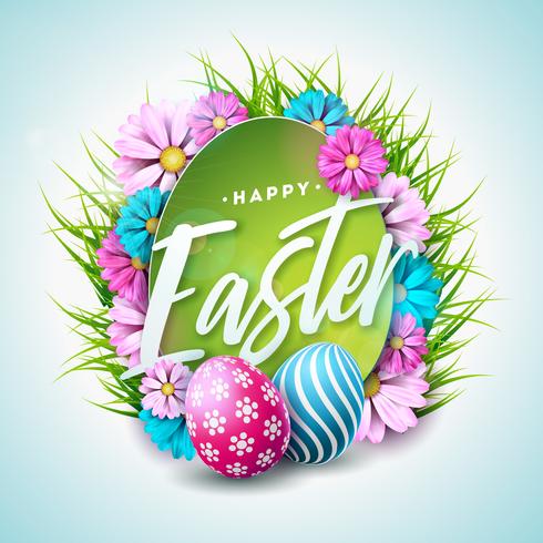 Happy Easter Holiday Illustration with Painted Egg, Flower and Green Grass on White Background. Vector International Spring Celebration