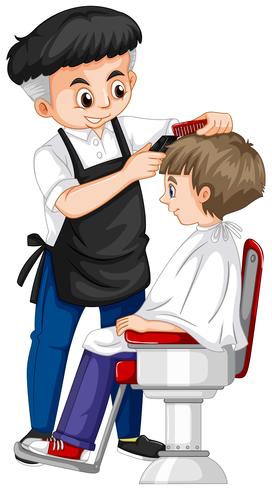 Barber giving boy haircut vector