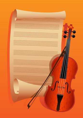 violín y arco en un papel de fondo vector