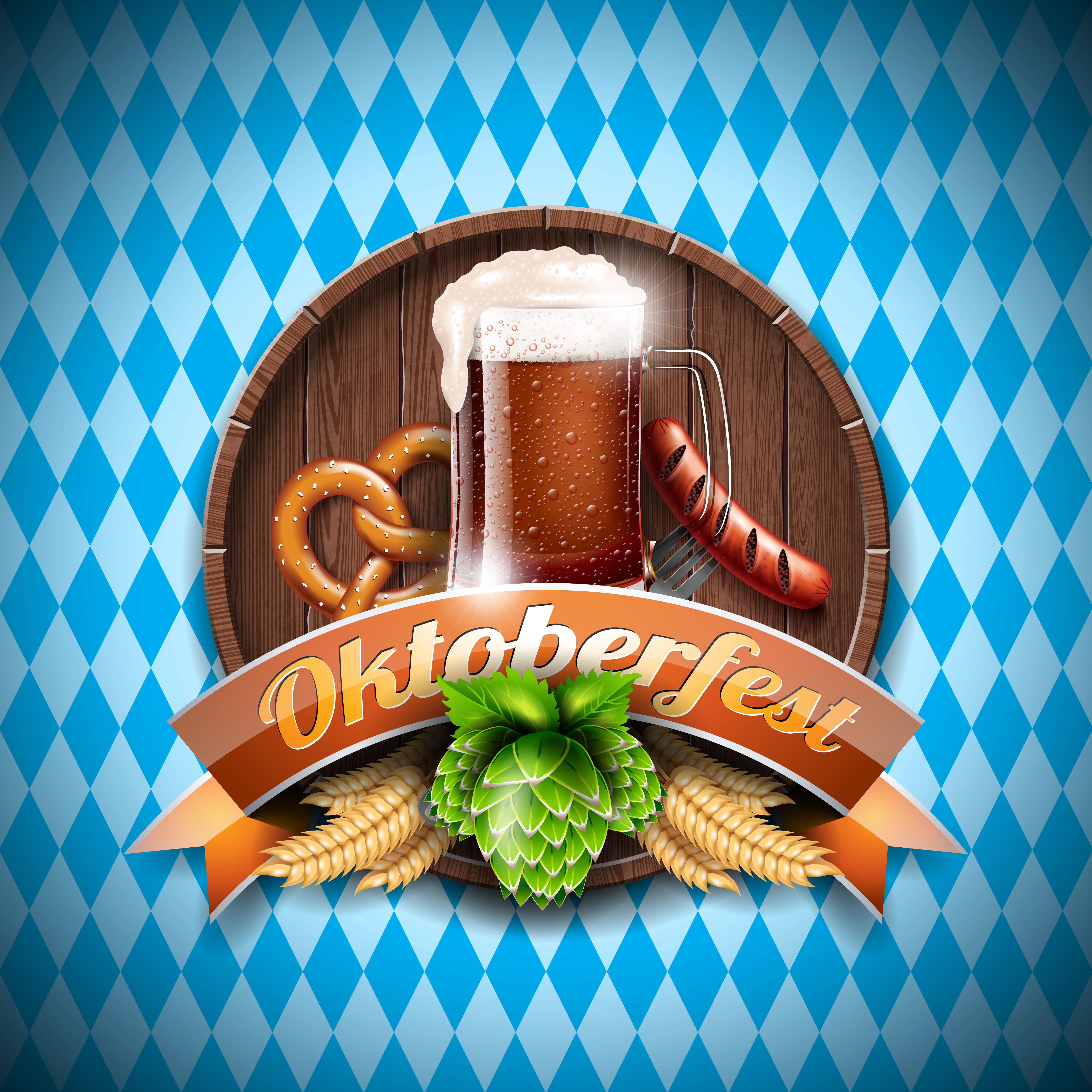 Oktoberfest vector illustration with fresh dark beer on blue white