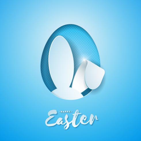 Vector Illustration of Happy Easter Holiday with Rabbit Ears in Cutting Egg 