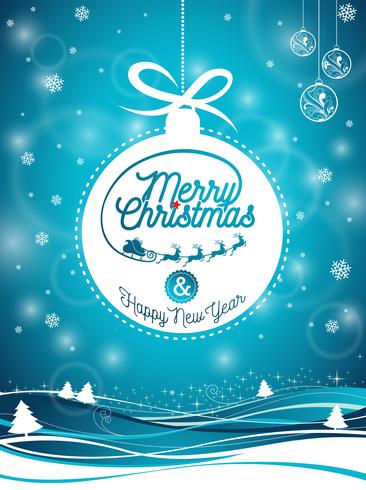 Vector Merry Christmas Holiday and Happy New Year illustration with typographic design and snowflakes on winter landscape background.