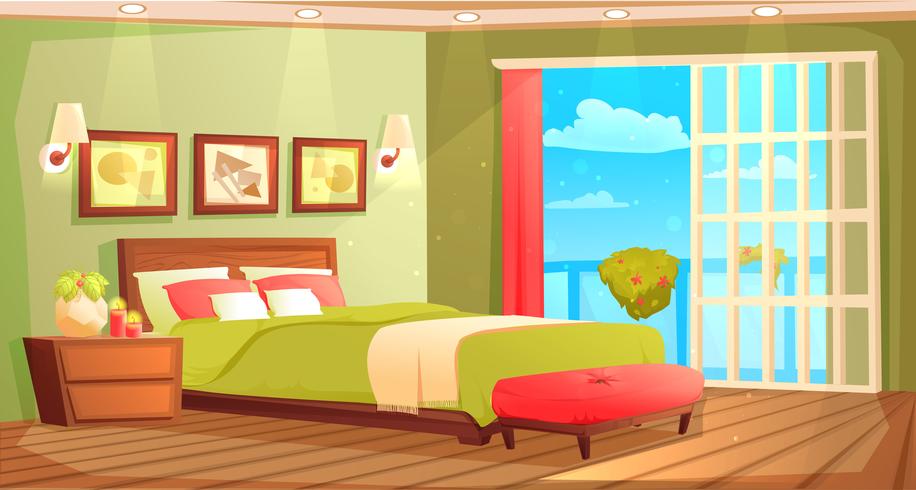 Bedroom interior with a bed, nightstand, wardrobe,  plant vector