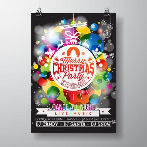El ejemplo de la feliz fiesta de Navidad con tipografía del día de fiesta diseña en bola de cristal abstracta en fondo brillante del color. vector