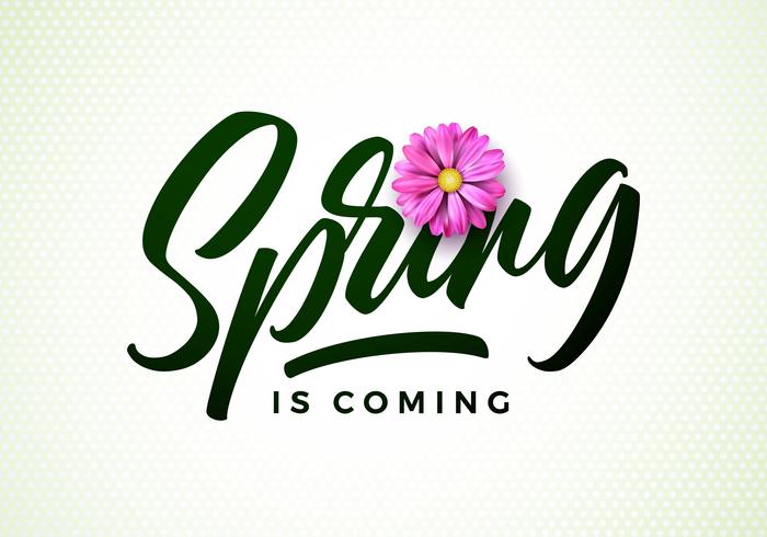 Vector spring is coming illustration with beautiful pink flower on white background