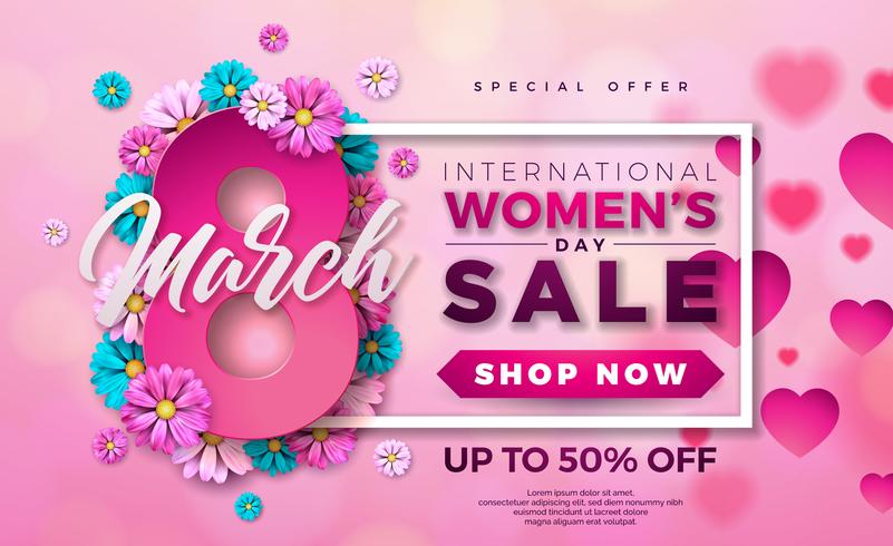 Womens Day Sale Design with Beautiful Colorful Flower on Pink Background vector