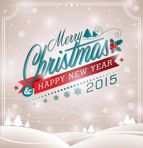 Vector Christmas illustration with typographic design and ribbon on landscape background.