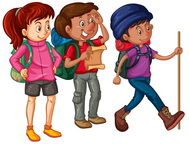 Three hikers with backpacks and map vector