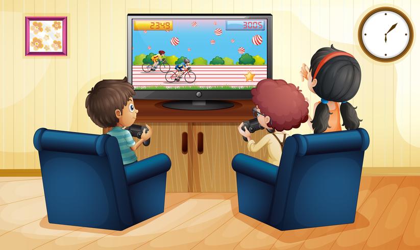 Boys and girl playing vdo game together vector