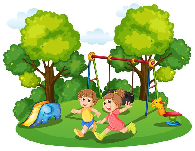 Dos niños corriendo en el parque vector