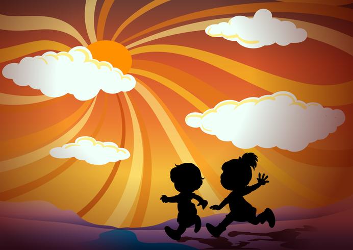 Niños silueta corriendo al atardecer vector