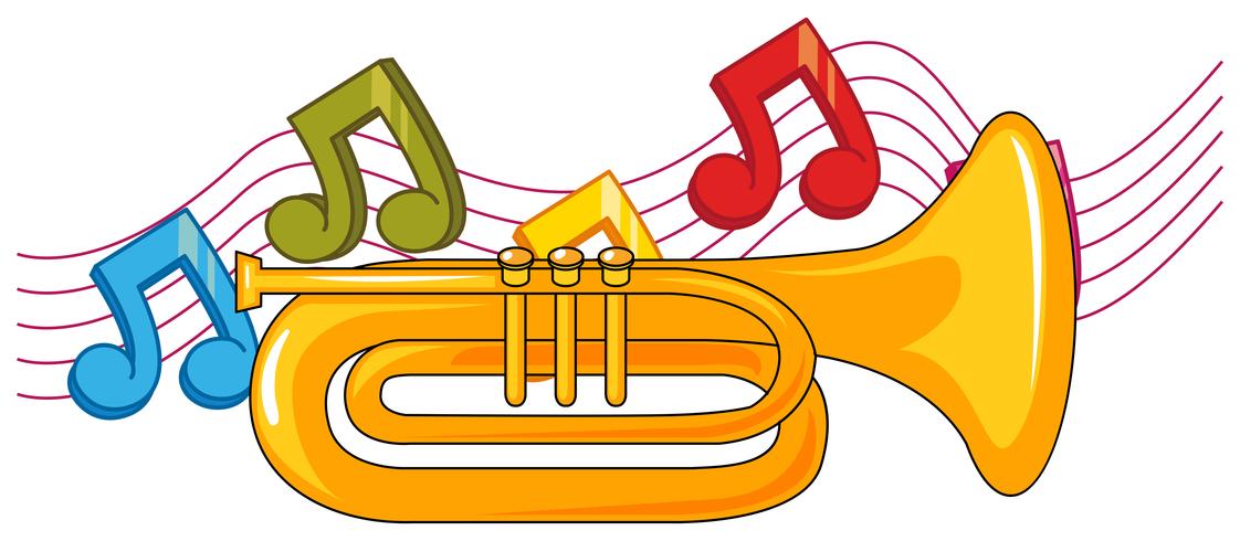 Trompeta y notas musicales en el fondo. vector